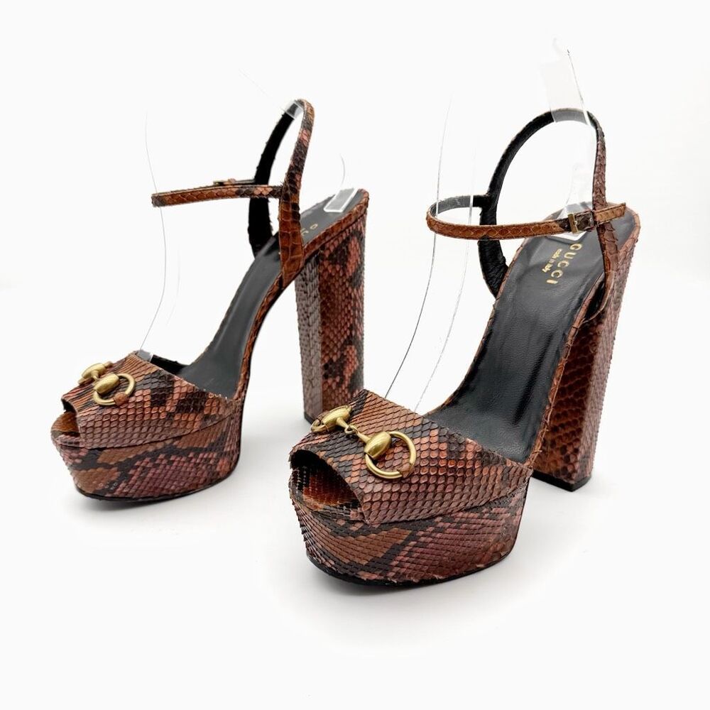 GUCCI Claudie Platform Horsebit Python Snakeskin Heeled Sandal Size 39.5 Leather